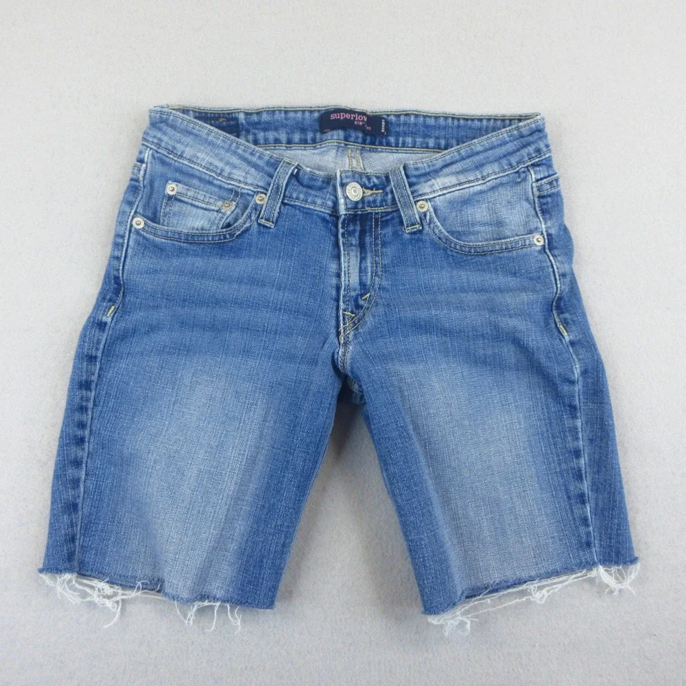 Levi's 518 Superlow Shorts Womens Size 3 Blue Denim Raw Hem Casual Low Rise